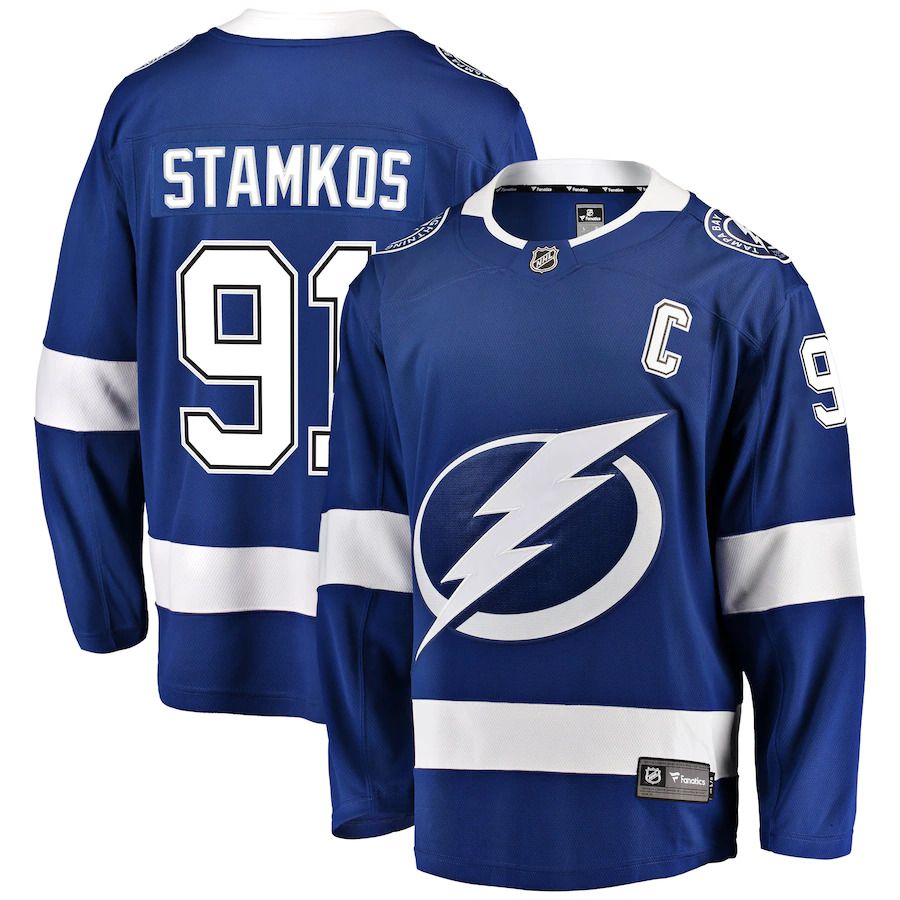 Men Tampa Bay Lightning #91 Steven Stamkos Fanatics Branded Blue Breakaway Player NHL Jersey